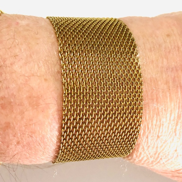 Vintage Brass Gold Electroplated Puff Heart Charm Wide Mesh Bracelet - Picture 8 of 14